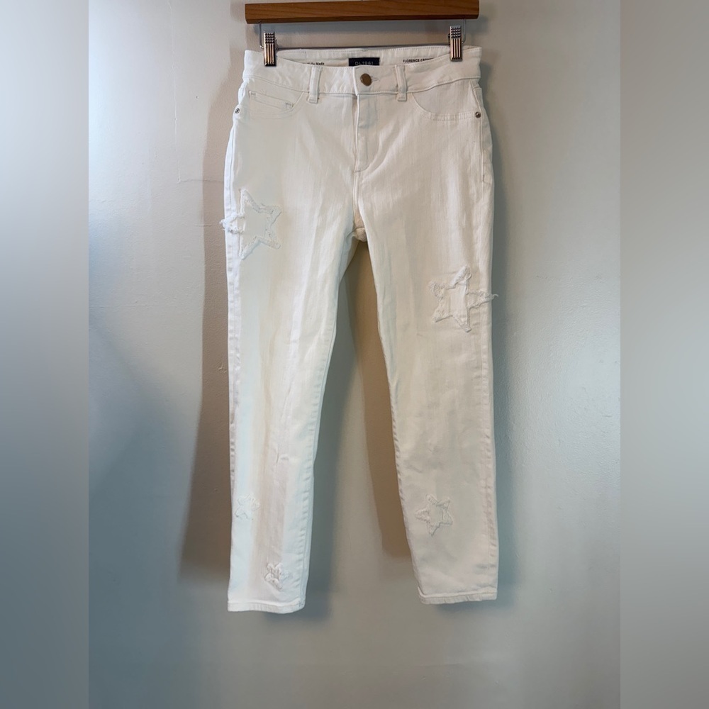 DL1961 Florence Instasculpt Skinny Crpd Star Embellish Jeans Mid Rise White 28